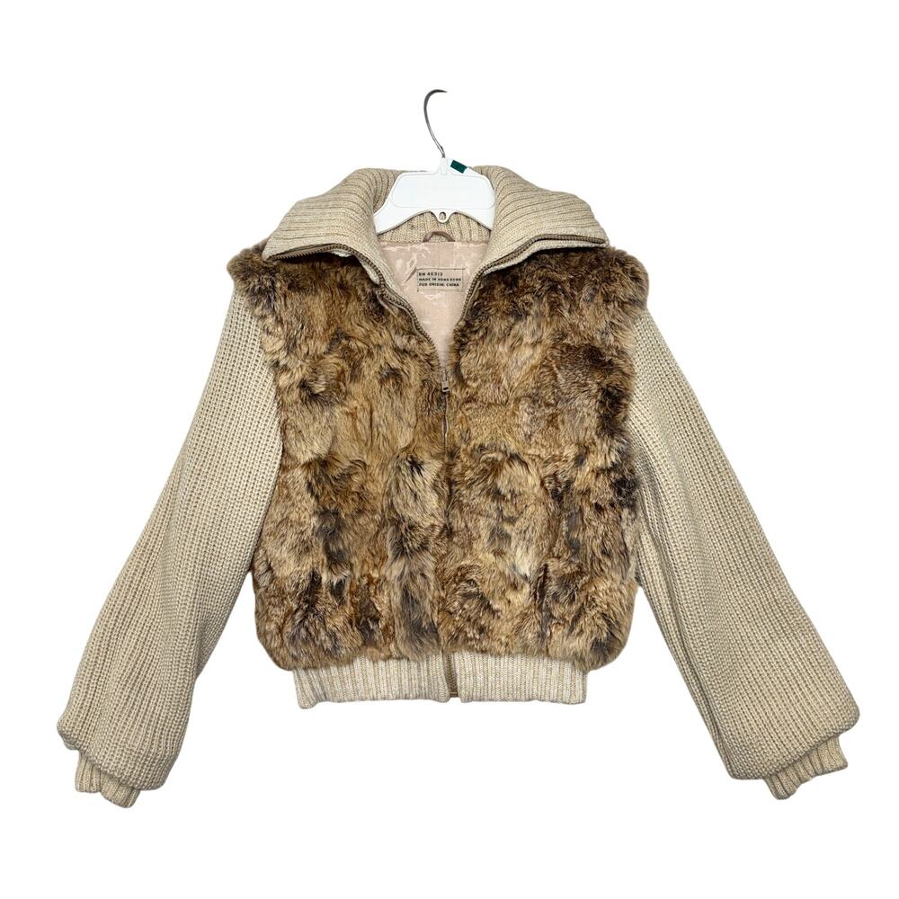Vintage Rabbit Fur Knit Cardigan Jacket Womens 10 Beige Made in Hong Kong
